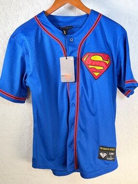 Lids Superman 38 Youth Large Baseball Jersey Blue Mesh NWT DC Comics